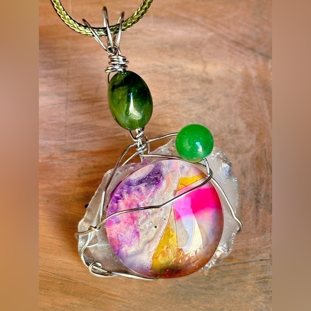 Collage pendant handmade Boho OOAK Colorful Wire-Wrapped Necklace